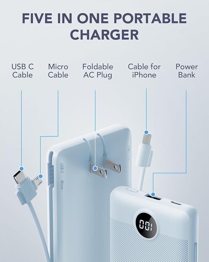 VRURC Portable Charger, Power Bank Built-in Cables and AC Wall Plug | USB C Power Bank 10000mAh, Travel Essentials Phone Charger Compact External Battery Pack For Smart Phones, Tablets etc-Blue - Image 3
