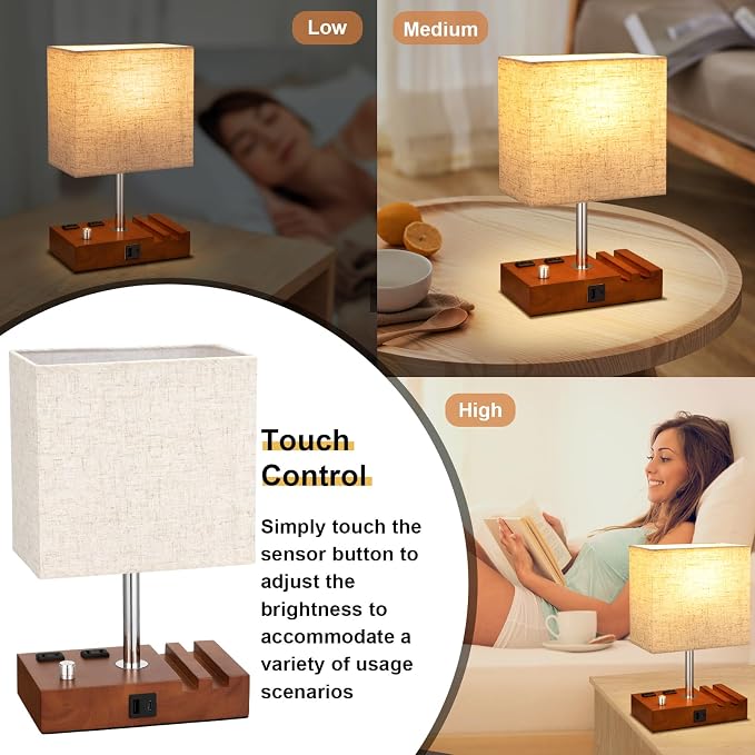 Brown Wood Grain Bedside Lamp - Stepless Dimmable, USB C+A, 2 AC Outlets | Dimming By Rotary Knob, USB C+A Ports, 2 Phone Stands, LED Bulbs Included, Rectangle Beige Lampshade, for Living Room, Desk - Image 5