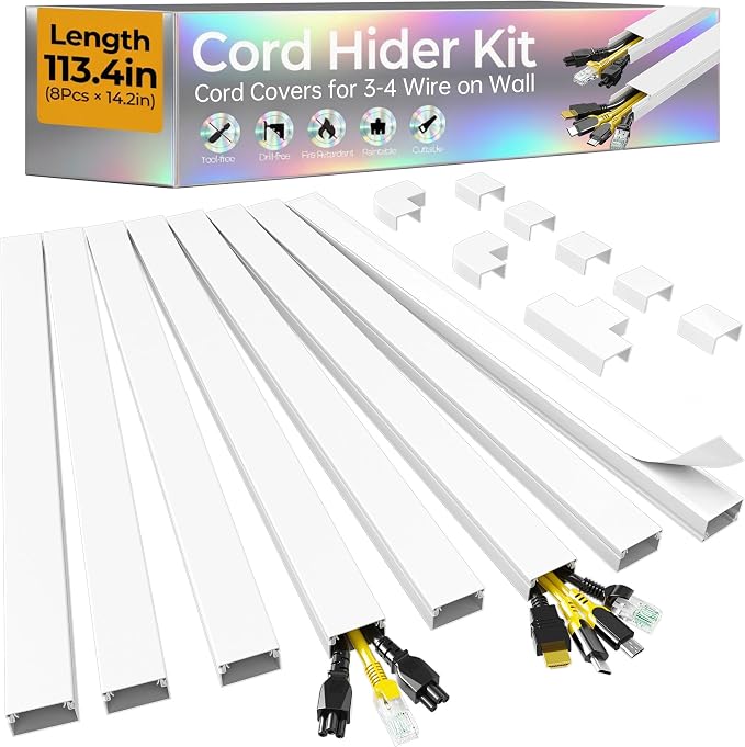 113.4in Cord Hider Kit, Cord Covers for 3-4 Wires on Wall, Self-Adhesive Tv Cable Hider, Paintable Wire Hider Wire Covers for Cords on Wall, Cable Cover Management Kit, L14.2 W1.18 H0.6in, White by Wuitaouy