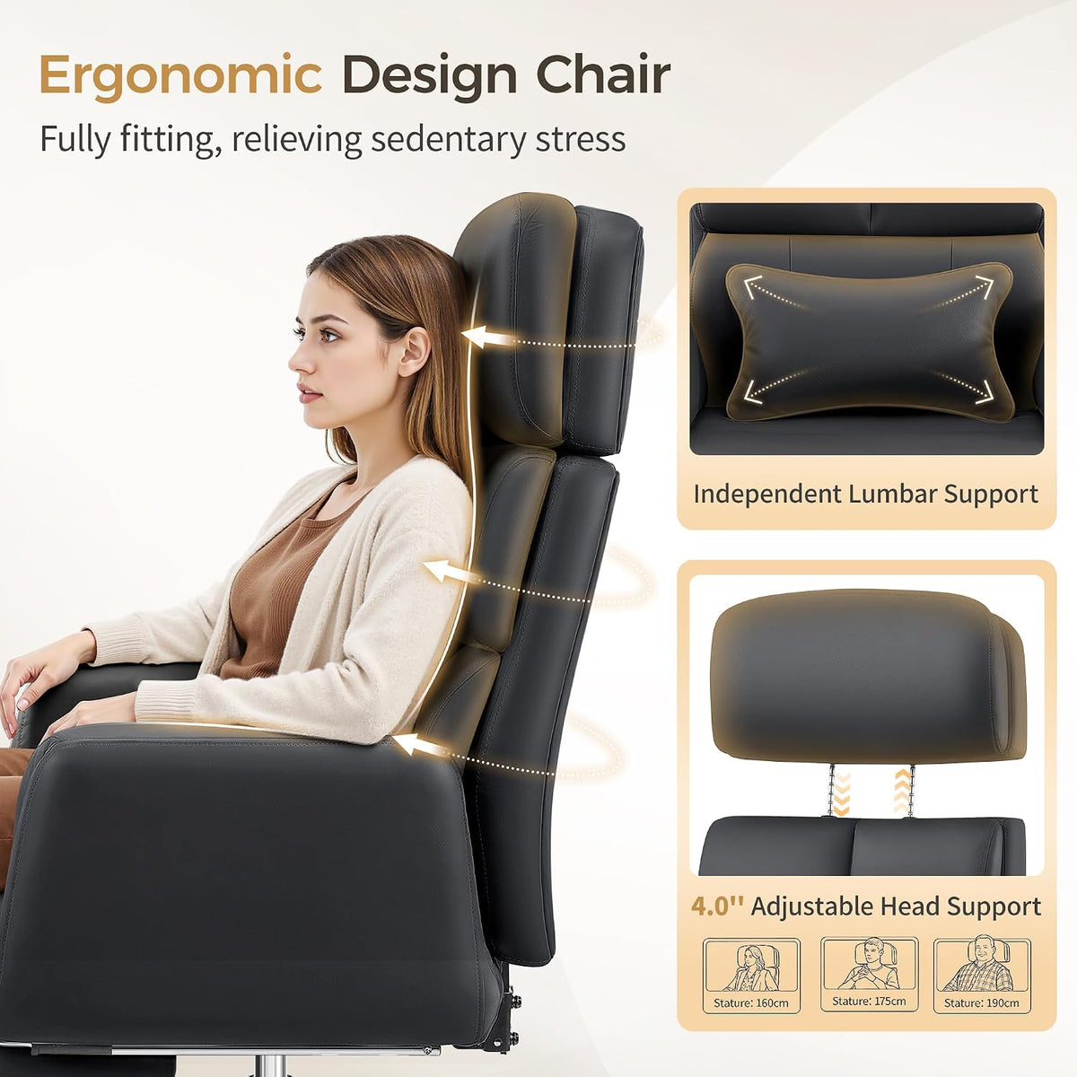 Big and Tall Office Chair 500LBS, Ergonomic High Back Leather Executive Chair, Reclining Swivel with Adjustable Armrests Lumbar Support Footrest, Criss Cross Legged, Black - Image 8
