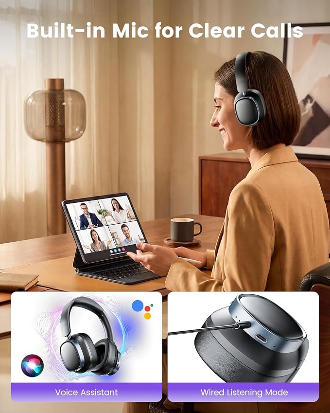 Active Noise Cancelling Headphones,78H Wireless Bluetooth Headphones,Black | Over-Ear Headset,Bluetooth 6.0,Hi-Res,Low Latency,Foldable,Built-in Microphone,Ideal for Travel,Home,Office,Cellphone,PC - Image 9