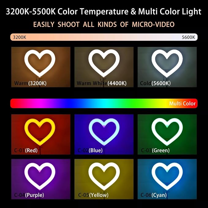 Heart Ring Light, 13" Desk Ring Light with Extendable Selfie Stick Stand for Laptop Video Conference Lighting with Phone Holder Height Adjustable 47 Color Modes for Live Stream/Makeup Compatible - Image 5