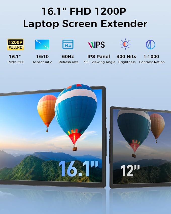 Cevaton Laptop Screen Extender, 16.1" FHD 1200P Portable Monitor | Magnetic Detachable Stand, 360° Rotatable Screen, Plug & Play, VESA Compatible, Windows & Mac - Image 2