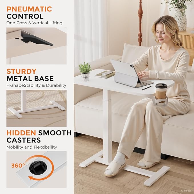 GTPLAYER Small Standing Desk with Hidden Wheels, Pneumatic Mobile Rolling Laptop Desk, Adjustable Height Overbed Bedside Table Computer Workstation for Home Office (28" W x 16" D, White) - Image 5