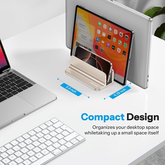 OMOTON 3-Slot Multiple Vertical Laptop Stand, Fits MacBook, Starlight | Adjustable Width 0-1.38", Aluminum Office Space-Saving for Desk, Fits MacBook/Book/iPad Up to 17.3in - Image 5