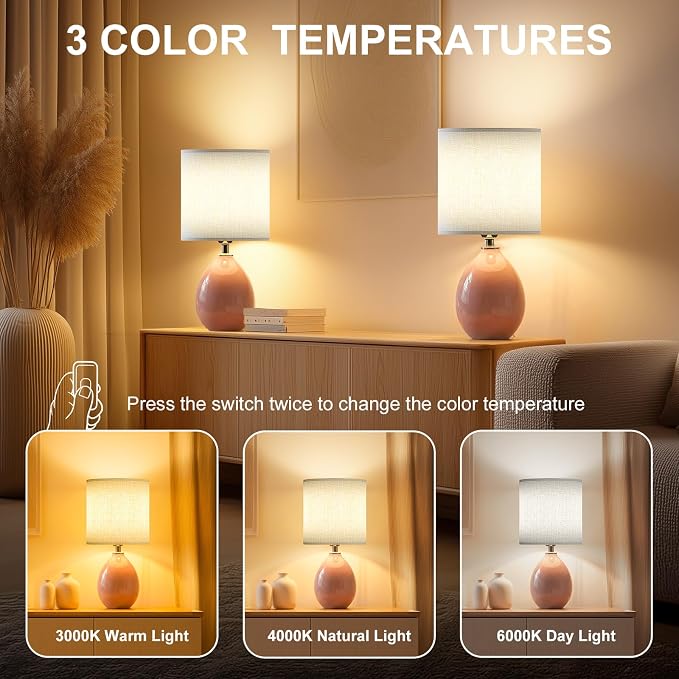 18.5" Ceramic Table Lamps Set of 2 for Living Room Bedroom, Pink | Bedside Lamps for Bedroom Nightstand, Ice Crackle Home Bedroom Living Room Decor, Linen Fabric Shade, 3-Color Temperature - Image 3