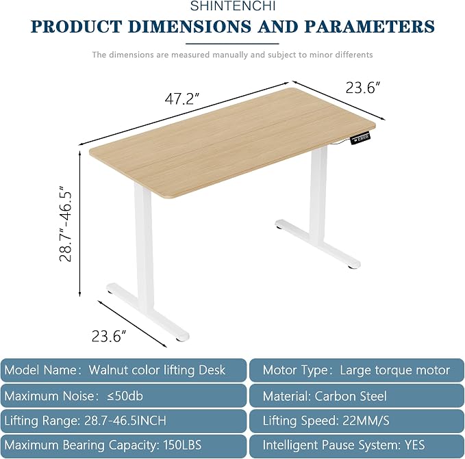 Shintenchi Standing Desk, Height Adjustable Electric Sit Stand up Desk, Ergonomic Rising Computer Table, 48x24 Inch Modern Lift Gaming Desk Workstation for Home Office, White & Walnut - Image 3