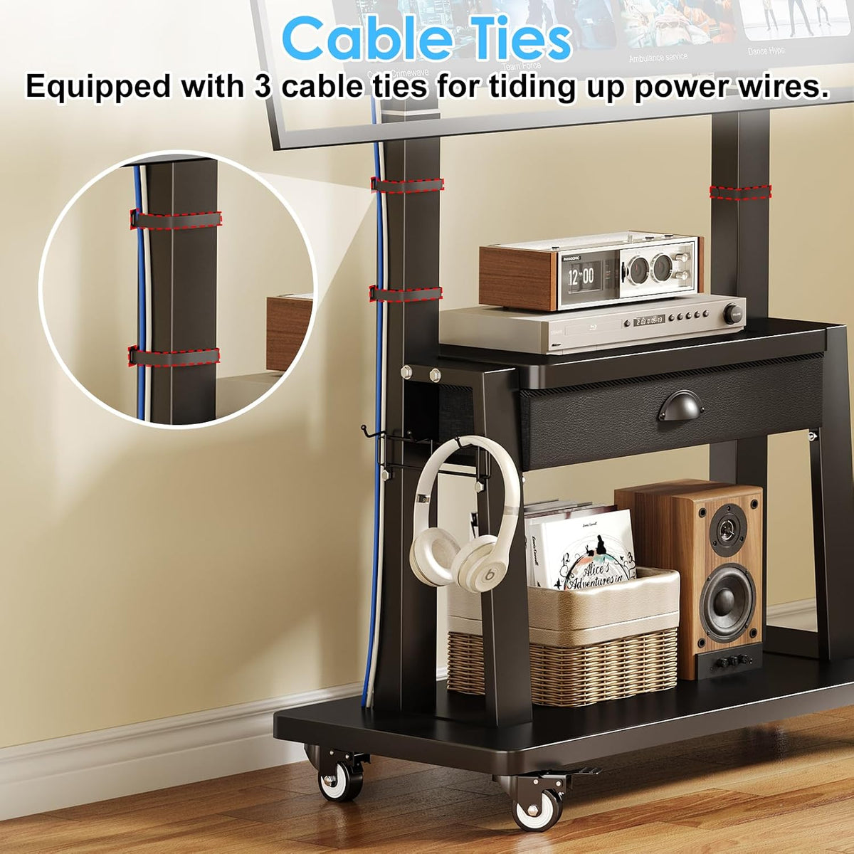 Mobile TV Stand on Wheels for 42-100 inch TVs up to 330lbs, Rolling TV Cart with Drawer & 2 Shelves, Adjustable Height, Portable TV Stand for Indoor Outdoor, Max VESA 600x900mm - Image 5