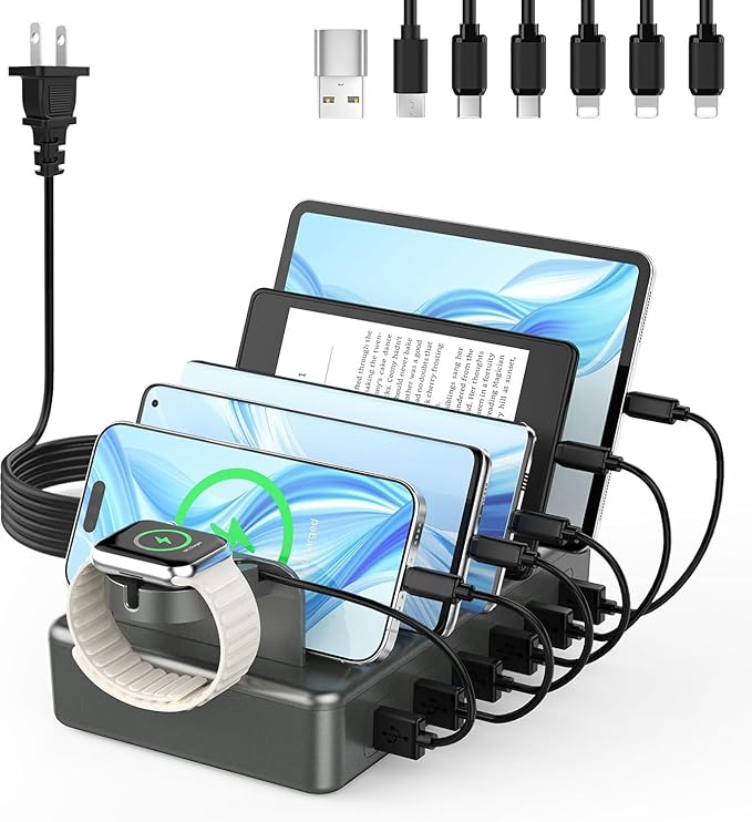 50W Fast Charging Station, 6 Port Charging Station for Multiple Devices | Compatible with iPhone,iPad, Tablet,Kindle ect,with 6 Short Cables and Apple Watch Holder（Space Gray） by CREATIVEDESIGN