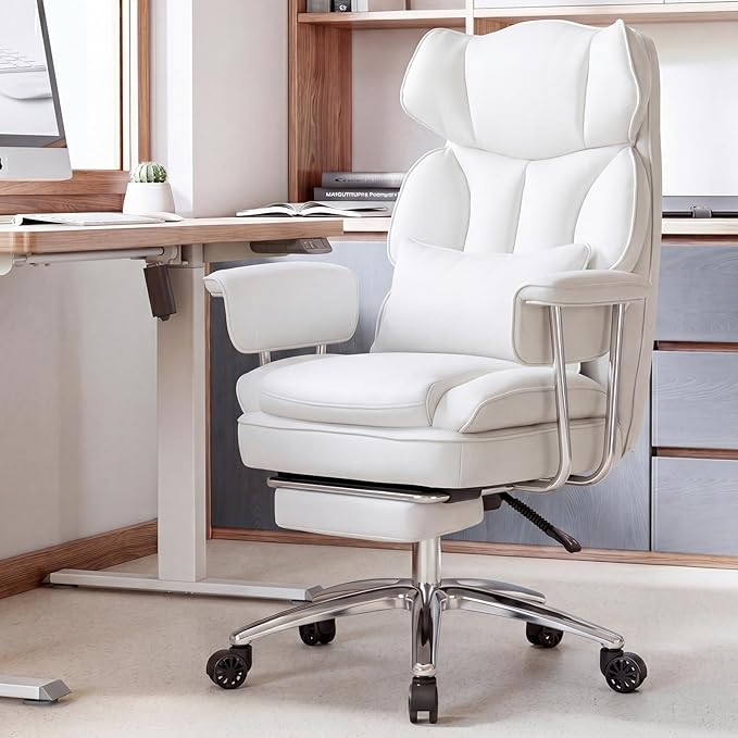 Sweetcrispy Executive Home Office Chair, Ergonomic Desk Chair | Big Tall High Back, Lumbar Support, Reclining Height Adjustable, PU Leather, Computer Gaming, Footrest Swivel Wheels, White - Image 2