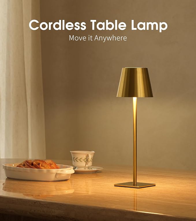 UME Cordless Table Lamp, Battery Operated Lamp - Portable Waterproof Rechargeable Table Lamp w/ 3 Color Temps & Stepless Dimming for Dinner, Desk, Cafe, Outdoor (Brushed Gold) - Image 2