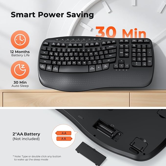 MEETION Wireless Ergonomic Keyboard with Wave Keys and Wrist Rest - Black | Firm wrist rest, 2.4G USB-A receiver, USB-C adapter included, full-size layout, compatible with Windows, Mac, PC, laptop - Image 7