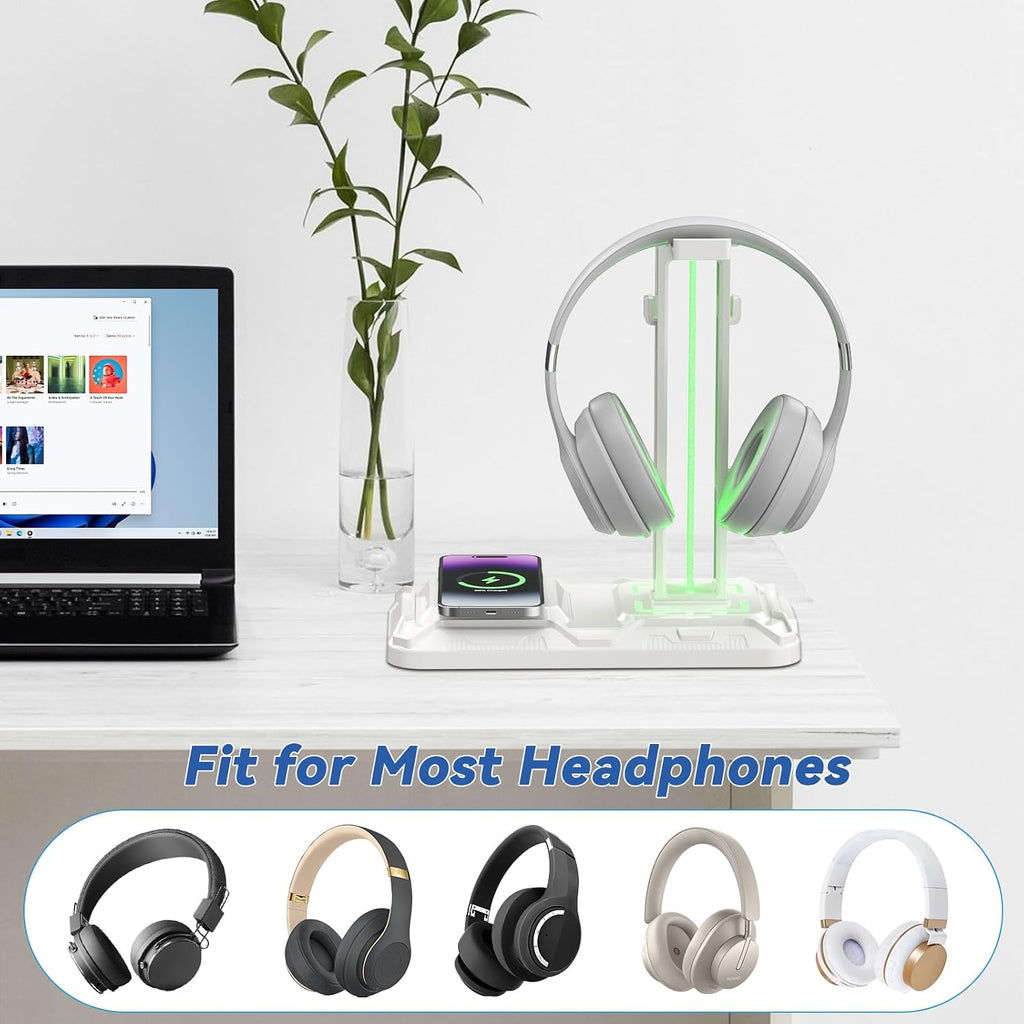 KDD RGB Headphone & Controller Stand with Wireless Charging - Rotatable Headset Stand with 9 Light Modes - Controller Holder with 2 USB and Type C Ports - for Gamers Desktop Accessories(White) - Image 5