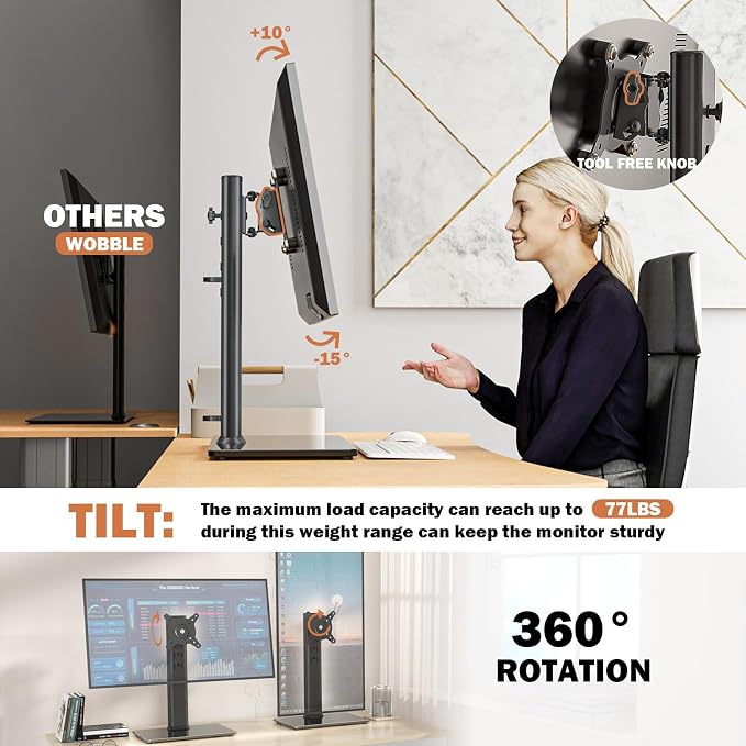 Single LCD Computer Monitor Free-Standing Desk Stand Mount Riser for 13 inch to 32 inch screen with Swivel, Height Adjustable, Rotation, Vesa Base Stand Holds One (1) Screen up to 77Lbs(HT05B-001)) - Image 5