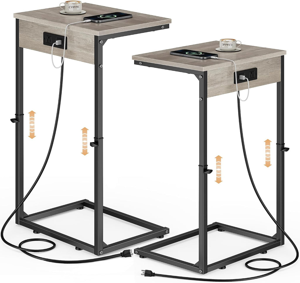 C Shaped End Tables Set of 2 with Charging Station, 33.2'' Tall C Table Adjustable Height Side Table, Small Side Table for Small Spaces, Couch Sofa Table TV Tray for Living Room, Greige by Vagusicc