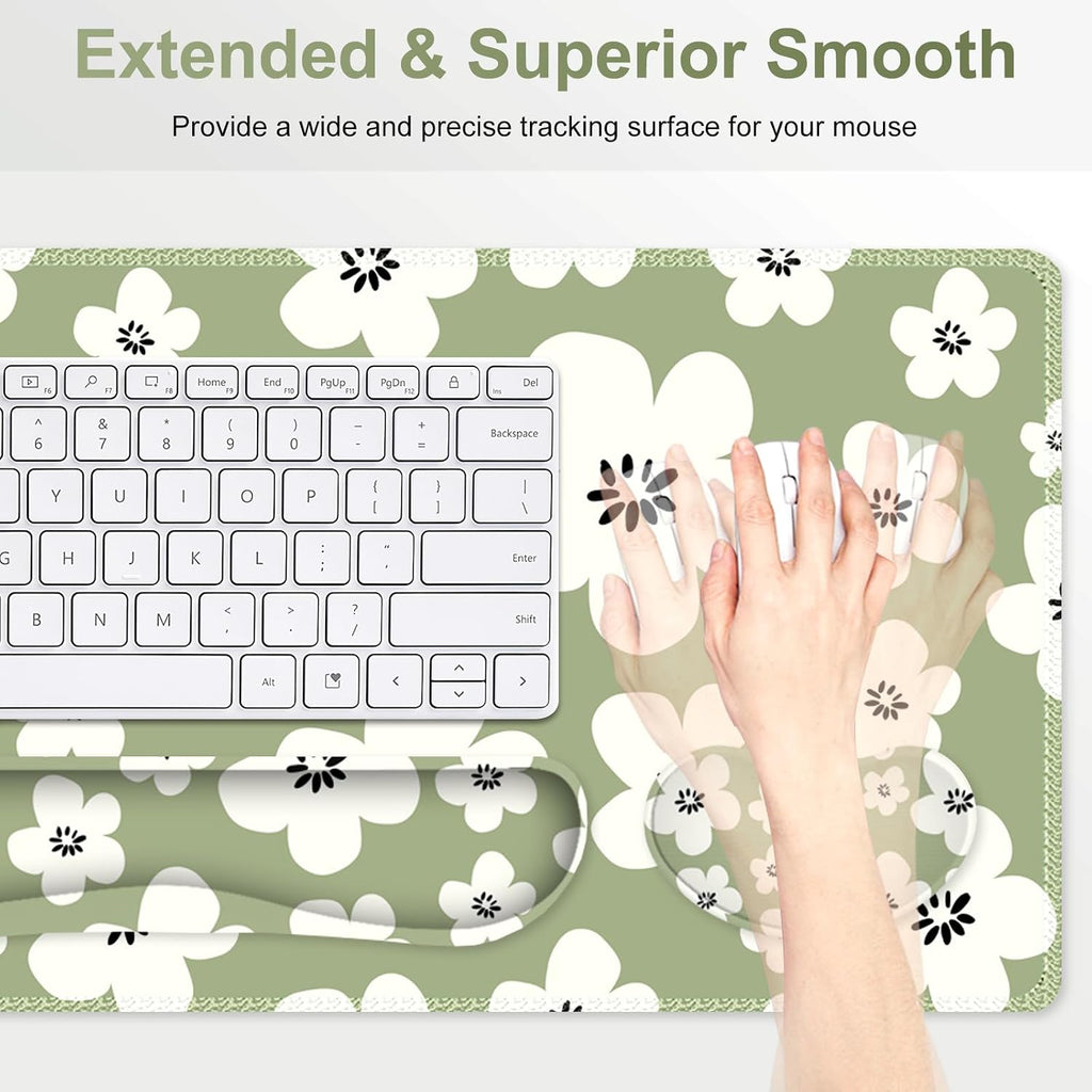 Large Gaming Mouse Pad Set, 4 in1 Ergonomics Keyboard Desk Mat w/Memory Foam Wrist Rest, Computer Extended Game Mousepad, Non-Slip Desk Matt Pad Easy Typing Pain Relief I Green Lucky Florals - Image 3