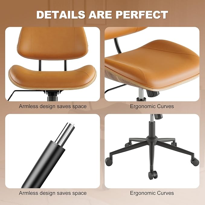 Armless Office Chair Set of 2, Adjustable Height Desk Chair, Brown | 360° Swivel Ergonomic Computer Chair for Small Space, PU leather seat, Modern Walnut Style, Home Office & Meeting Room - Image 5