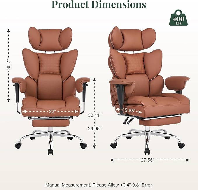 Big and Tall Office Chair 400 LBS, for Adults, Home Office | PU Leather, Executive Ergonomic Desk Chair with Footrest, Lumbar Support, Wide Seat ,Reclining, Adjustable Armrest, Brown - Image 2