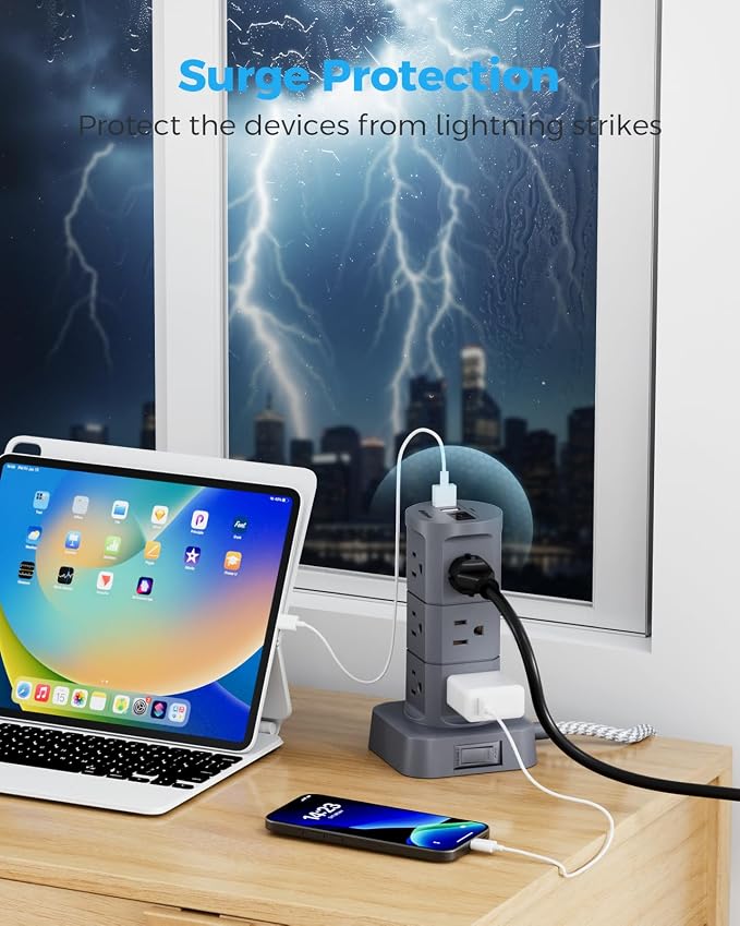 Charging Station Tower, Power Strips with Surge Protection, Flat Plug | 12 Outlets 4 USB Ports, 6Ft Extension Cord with Multiple Outlets, Office Desk Supplies, Dorm Essentials - Image 4