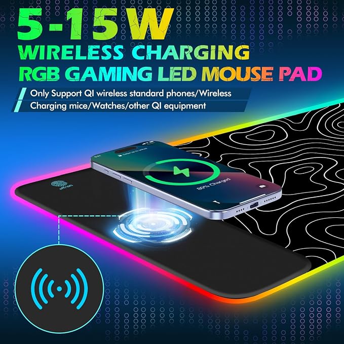 ToLuLu RGB Wireless Charging Gaming Mouse Pad, 7.5/10/15W 10 Light Modes LED Mouse Pad Computer Keyboard Mat Mousepad, 800x300x4MM Extended Large Desk Pad for Gamer, Black and White Abstract Lines - Image 2