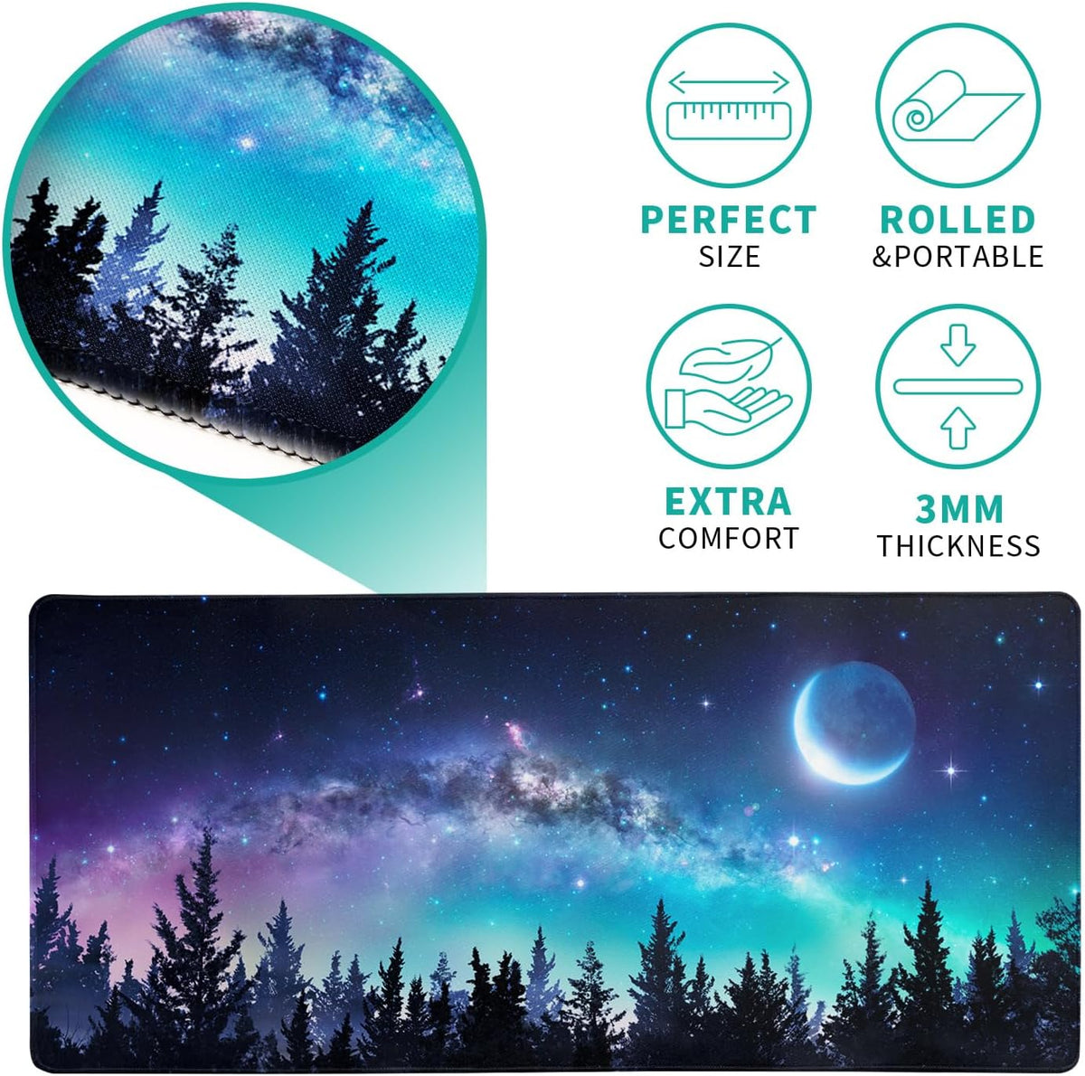 Extended Gaming Mouse Pad, XL Large Keyboard Mouse Mat Desk Pad, Stitched Edges Mousepad, 3mm Thick Long Non-Slip Rubber Base Mice Pad, 31.5 X 11.8 Inch, Forest Moon Galaxy - Image 5