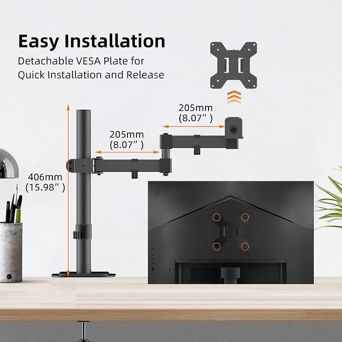 Monitor Mount Single Fully Adjustable Arm Fits One Screen 13-32 inch 22lbs for Monitor Computer Screen 13 15 17 19 20 22 23 24 26 27 30 32 inch VESA 75 100 (MD7421) - Image 5