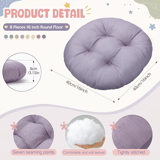 Fumete 8 Pcs Round Floor Cushions for Classroom Kids,Morandi | 16 Inch Diameter, Students Flexible Seating Pillows, Home Daycare School Reading Yoga Meditation, Soft Cushioned - Image 3
