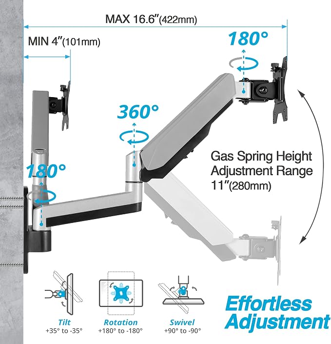 AVLT Dual Monitor Arm Wall Mount for 13-32" Screens, Full Motion - Silver | Supports flat/curved screens up to 17.6 lbs each. Smooth gas spring, VESA 75x75/100x100 and clean cable routing - Image 4