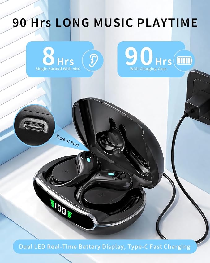 Active Noise Cancelling Ear Buds Wireless Earbuds 90H Playtime Bluetooth Headphones Stereo Bass Over-Ear Hooks Earphones with Power Display Case IPX7 Waterproof Headset for Workout/Running, Black - Image 3