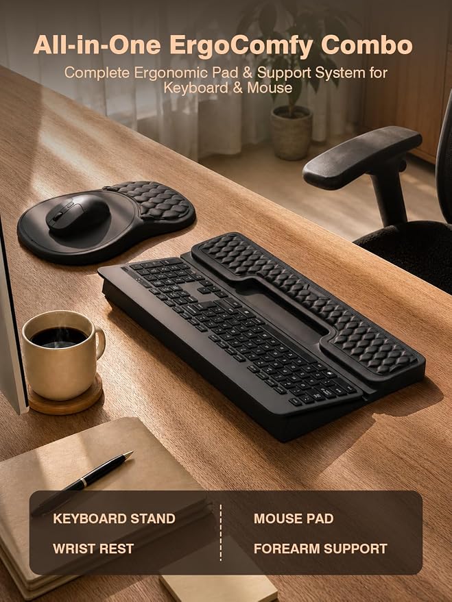 Ergonomic Keyboard and Mouse Pad Combo with Stand/Wrist Rest, Black | Keyboard Riser Mousepad for Desk with Soft Memory Foam, Comfy Massage, Non-slip PU Base,Carpal Tunnel Pain Relief - Image 2