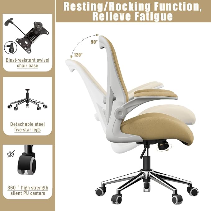 Kahki Ergonomic Office Desk Chair, Soft Fabric Thickened Curved seat Cushion with Adjustable Lumbar Support, Perfect Blend of Comfort and Good Looks, Ideal Chair for Home or Office, Khaki - Image 6
