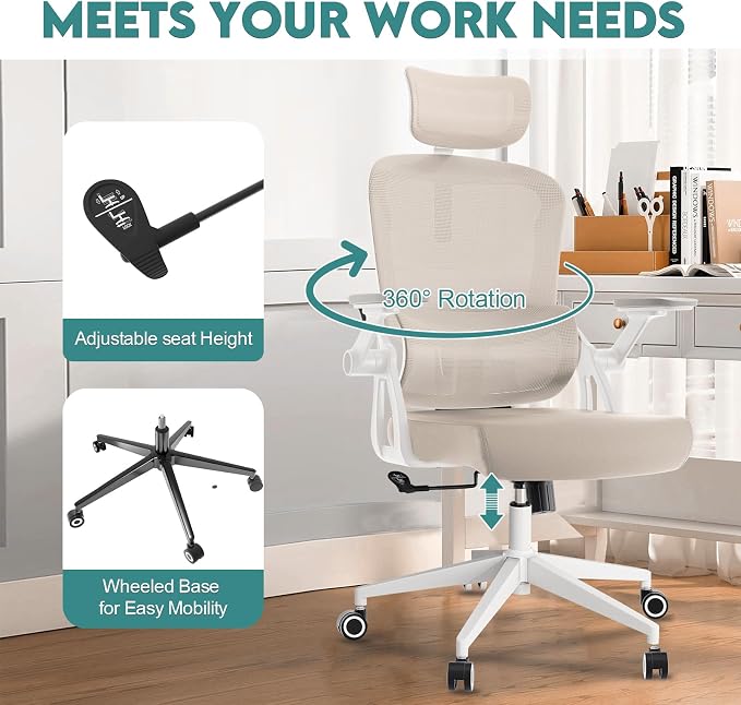 Monhey Ergonomic Office Chair, 90°-125° Tilt Back Home Desk Chair with 360° Swivel & Mute Wheels, High Back Mesh Computer Chair for Adults with Lumbar Support, 330 LBS Capacity (05Khaki) - Image 8
