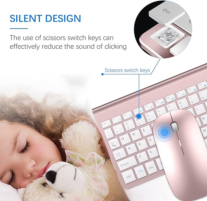 Wireless Keyboard and Mouse Ultra Slim Combo, TopMate - Rose Gold White | 2.4G Silent Compact 2400DPI Mouse and Scissor Switch Keyboard Set with Cover, Batteries Included, for PC/Laptop/Windows/Mac - Image 2