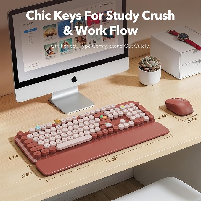 Wireless Keyboard and Mouse Combo, Wine Red Retro Typewriter Style Keyboard with Round Keycaps and Magnetic Wrist Rest, 2.4GHz Wireless for Mac, Windows PC, Laptop, Home Office, School, SABLUTE CK23 | Full-Size Retro Typewriter-Style Keyboard, Tilt Leg... - Image 8