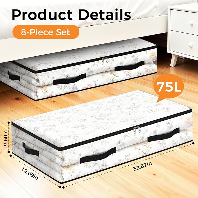 8 Pack Under Bed Storage Bags, 75L Foldable Clear Containers with Handles | Dual Zipper Storage Bins for Comforters, Bedding, Blankets, Closet Organizer for Clothes, Linen Sheets, Sweaters - Image 2