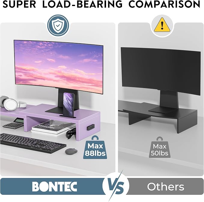 BONTEC Dual Monitor Stand Riser, Adjustable Length & Swivel Angle, Purple | Ergonomic Wooden Desktop Organizer with Smartphone Holder, Computer Monitor Stand for PC, Laptop, Printer and Large Storage - Image 6
