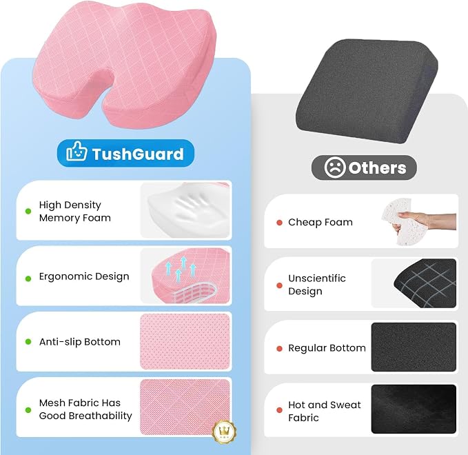 Seat Cushion, Memory Foam Office Chair Cushion - Pink, Large | for Car Seat, Airplane, Desk Chair - Sciatica & Hip & Coccyx Pain Relief Cushion for Long Sitting Office Workers, Car Drivers - Image 6