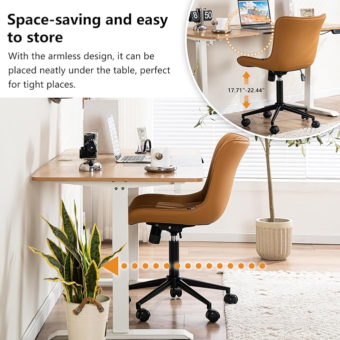 YOUNIKE Office Desk Chair with Wheels Armless Vanity Chair Modern Tan | Faux Leather Upholstered with Rocking Back, Swivel Height Adjustable Small Cute Computer Rolling Task Chair Ergonomic 300lb - Image 4