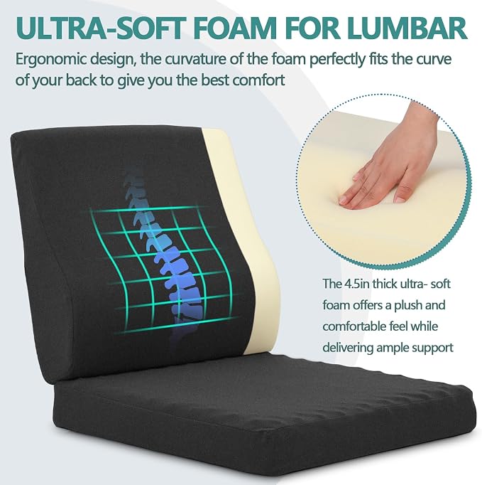 Shinnwa Lumbar Support Pillow for Recliner, Ultra-Soft Foam Back Support Pillow and Egg Crate Foam Seat Cushion 2-in-1 for Couch, Office Chair, for Back Pain Relief, Charcoal - Image 3
