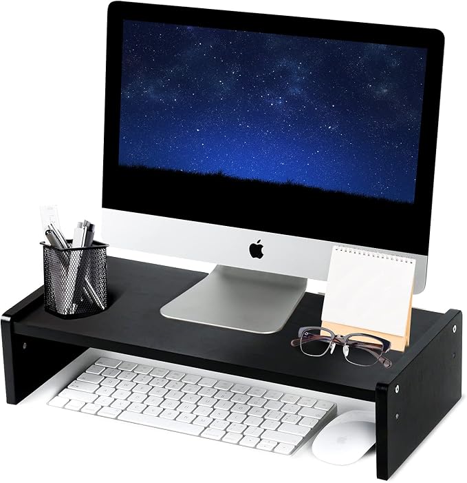 Solid Wood Monitor Stand Riser, Monitor Riser with 2 Adjustable Height, 15.8 inch Computer Riser for Computer, iMac, PC, Printer, Computer Monitor Stand for Home & Office, Black by KINLINK