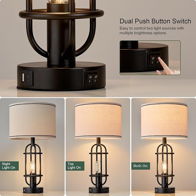 Reaketon Black Table Lamps for Living Room Set of 2, 22.3" Farmhouse Lamps for Nightstand, Industrial Table Lamps for Bedroom with USB Ports, Bulbs Included - Image 3