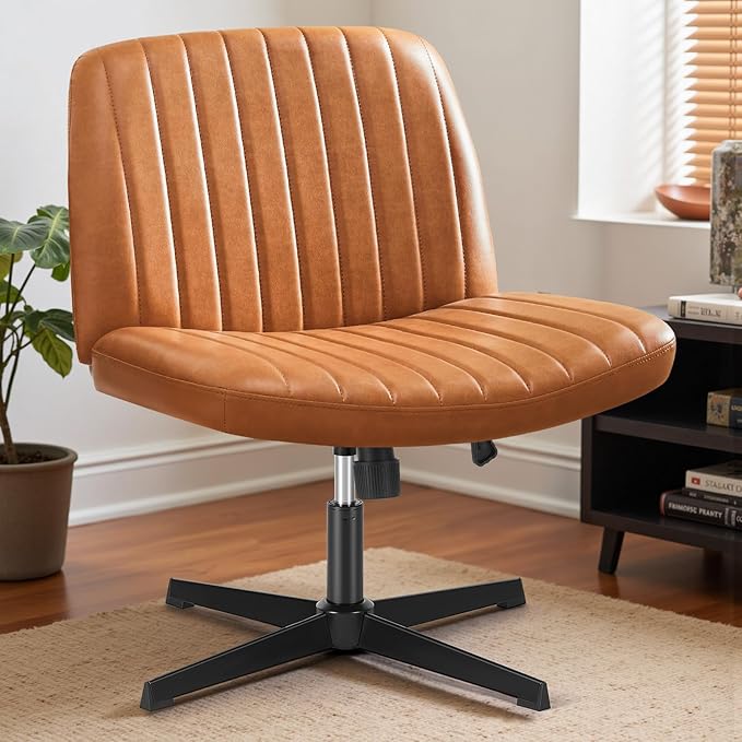 OLIXIS Criss Cross Office Chair, Vanity Chair, Home Office Desk | Wide Seat, Height Adjustable, PU Leather Padded, Armless No Wheels, Bedroom, Study Room, Brown Dual Base - Image 3