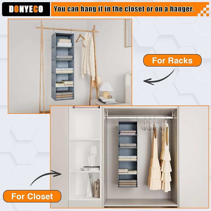Hanging Closet Organizer 5-Shelf, Oxford Fabric Wardrobe Storage, Gray | Easy-mount foldable design holds clothes, handbags, shoes & accessories; washable Oxford fabric, sturdy and space-saving. - Image 7
