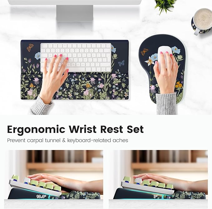 Ospelelf Ergonomic Mouse Pad and Keyboard Stand Wrist Rest Set, Memory Foam Comfort, Pain Relief for Typing, Office Desk Accessories, Moonlit Blossoms - Image 2