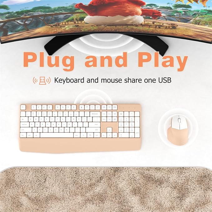 Ergonomic Wireless Keyboard and Mouse Combo with Wrist Rest, White Milk Tea | COVEVA Full Size Keyboard with 12 Dedicated Shortcuts, Smart Auto-Sleep, 2.4GHz Receiver, Natural Typing for PC Laptop - Image 4