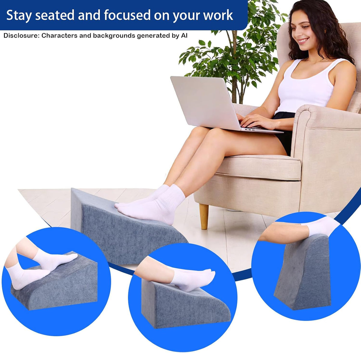 Foot Rest for Under Desk at Work, Ergonomic Under Desk Footrest with Washable Cover for Office, Home & Gaming Leg Elevation Pillow Blue - Image 4