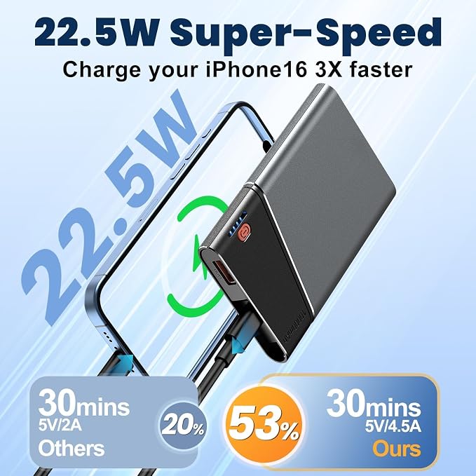 Aaoyun 10000mAh Portable Power Bank, 22.5W PD Fast Charging Battery Pack with Built-in USB-C Cable, Ultra-Slim External Phone Charger for iPhone 17/16/15, Samsung Galaxy S24, Android (Grey) - Image 2