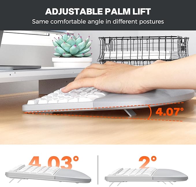 MEETION Ergonomic Keyboard and Mouse Combo, Split Wireless Design, Gray | 2.4G split keyboard with cushioned palm rest and vertical mouse, full-size natural typing design, for Windows and Mac - Image 3