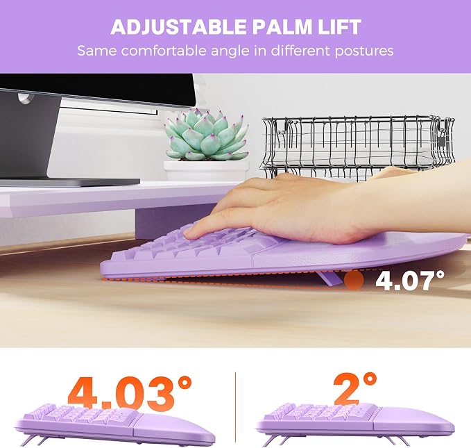 MEETION Ergonomic Keyboard Mouse Combo, Split Design Vertical Mouse, Purple | Rechargeable full-size keyboard with cushioned wrist rest, 2.4GHz USB receiver, natural typing, for Windows, Mac, PC, laptop - Image 4