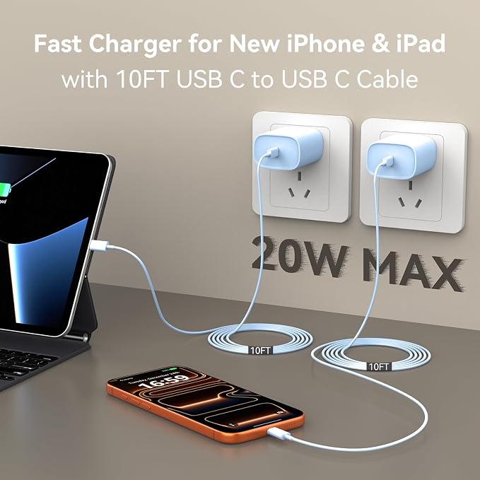 Phone 17 16 15 Charger Fast Charging, 10 FT Long USB C Charger Cord with 20W Type C Fast Phone Charging Block forPhone 17/17 Pro/17 Pro max/Air/Phone 16 15 Pro Max Plus, iPad, Android,Blue - Image 3